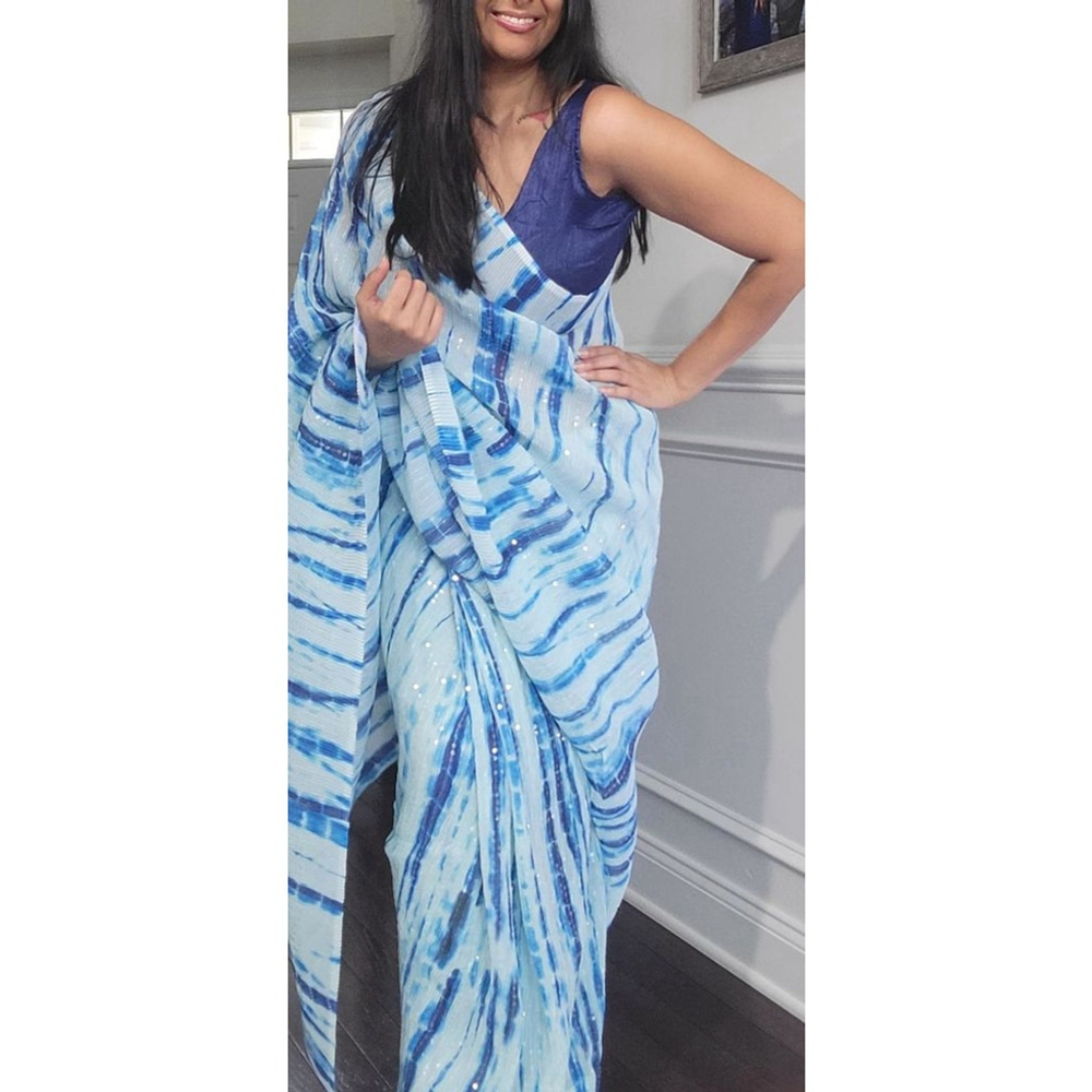 Multicolor Georgette Saree & Stitched Blouse-blue/white